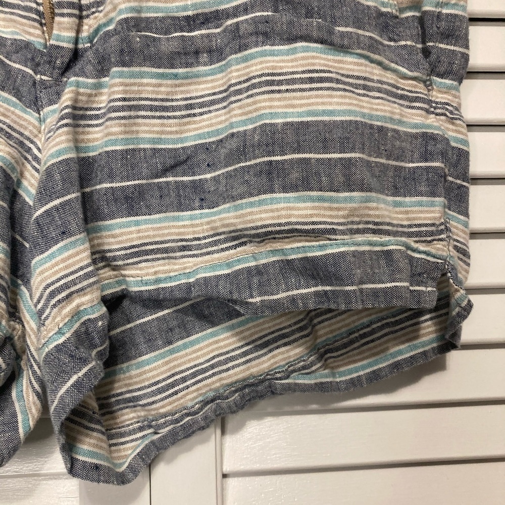 British Khaki 100% Linen Tan And Blue Striped Shorts Size 2 - Picture 5 of 9
